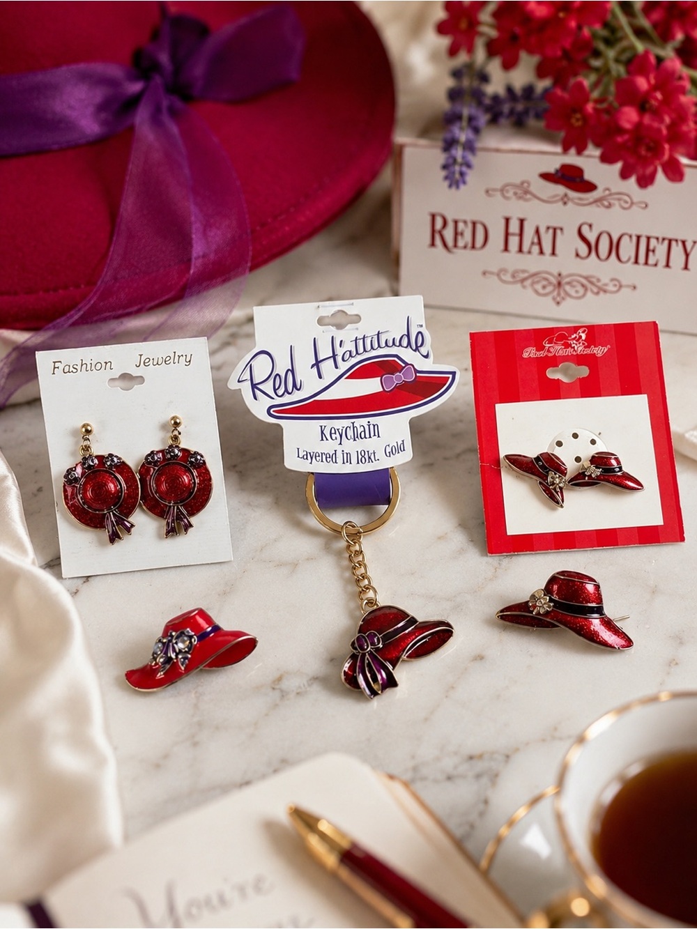 Red Hat Society jewelry lot, 7 pieces 2 Earrings 2 Brooches & Key Chain 💃🎩